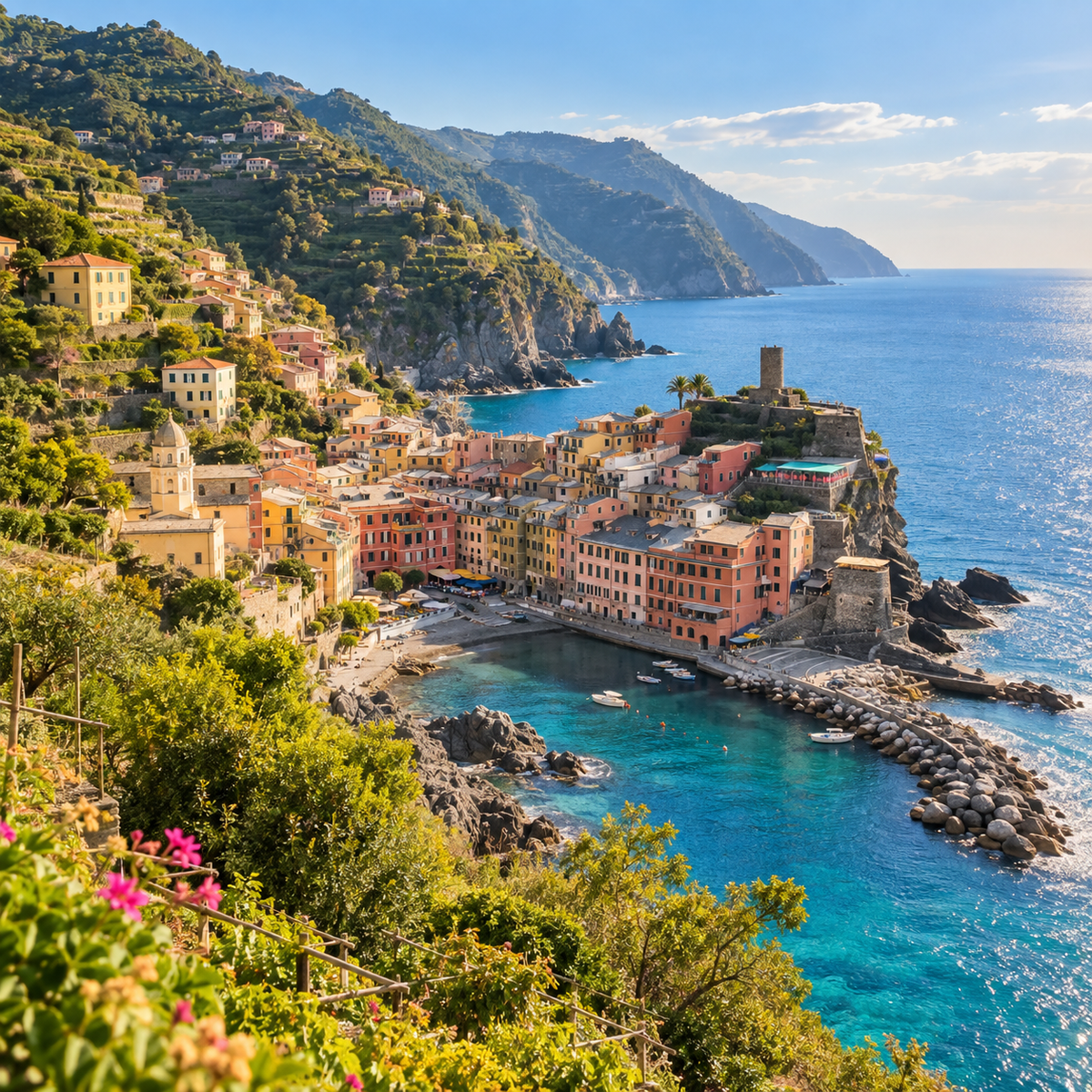 Ligurian coastline with colourful seaside village and blue Mediterranean sea — generated image