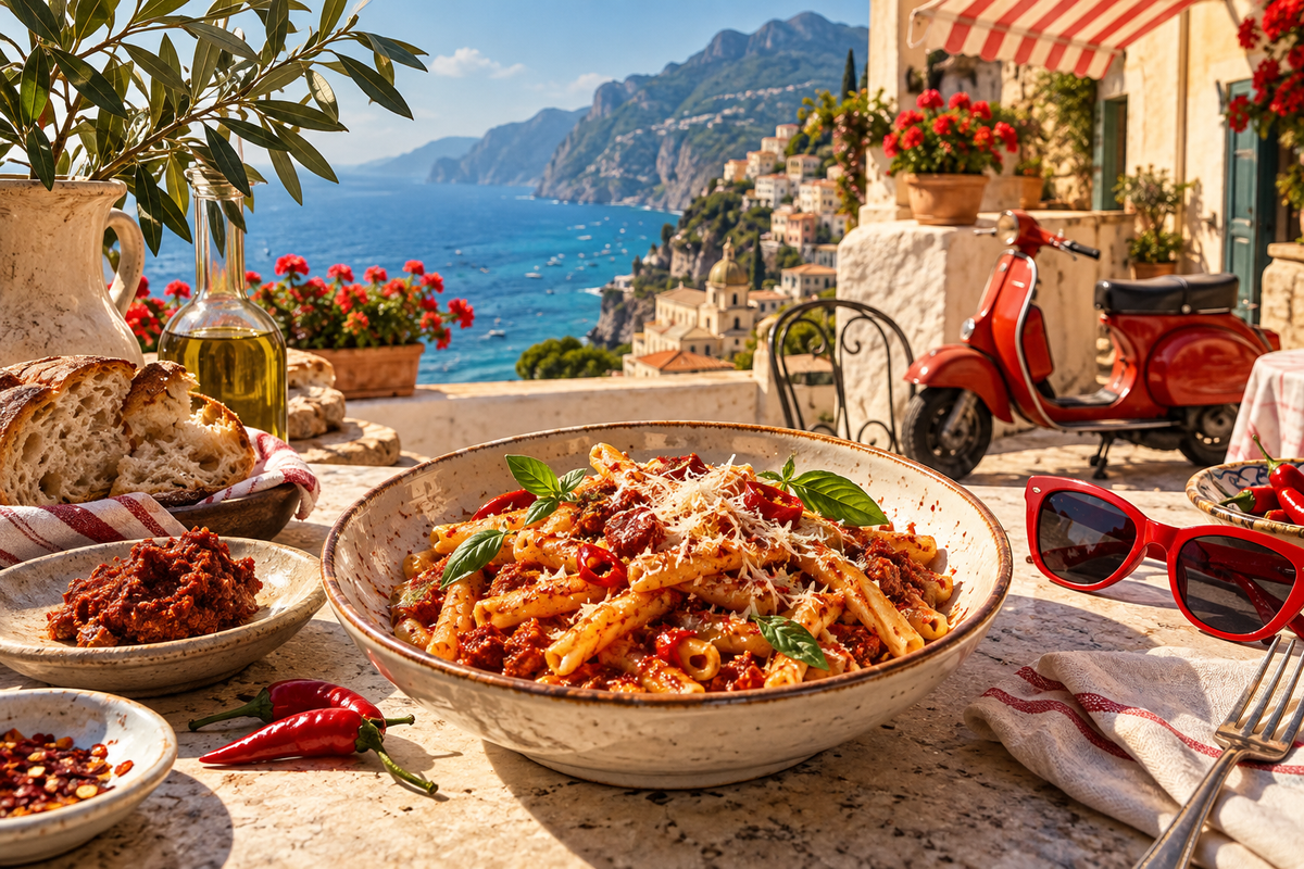 Calabrian nduja pasta on a sunlit southern Italian terrace