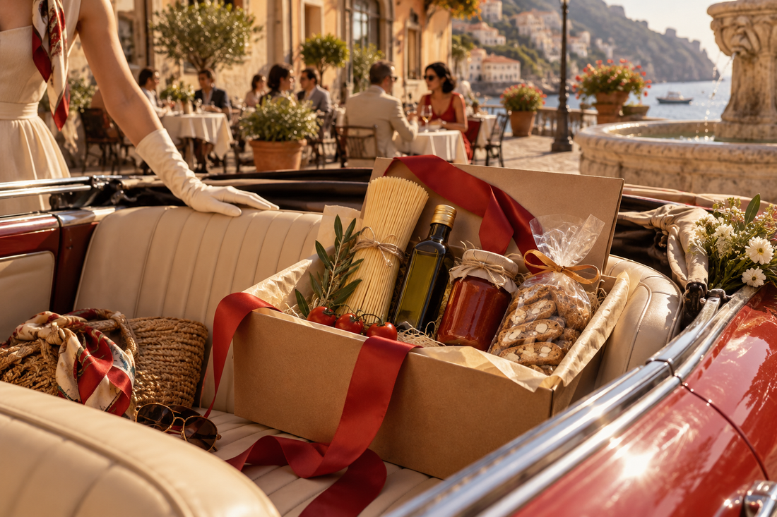 Italian food gift box in a vintage Dolce Vita setting