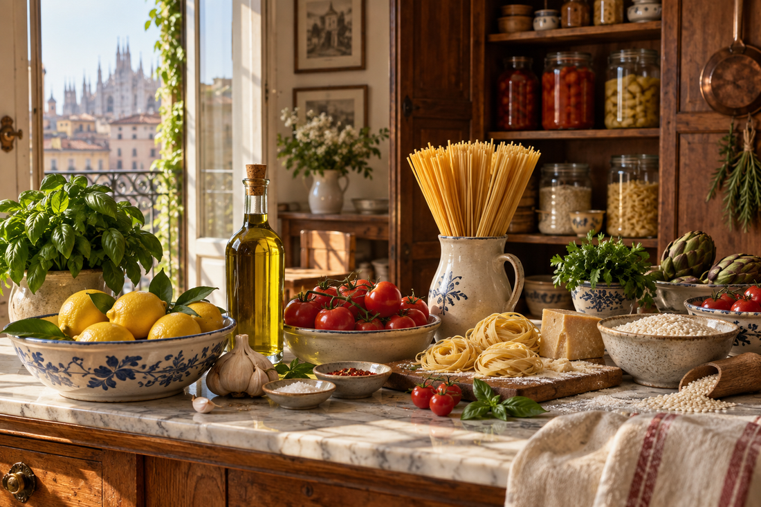 Authentic Italian pantry ingredients in a sunlit vintage kitchen