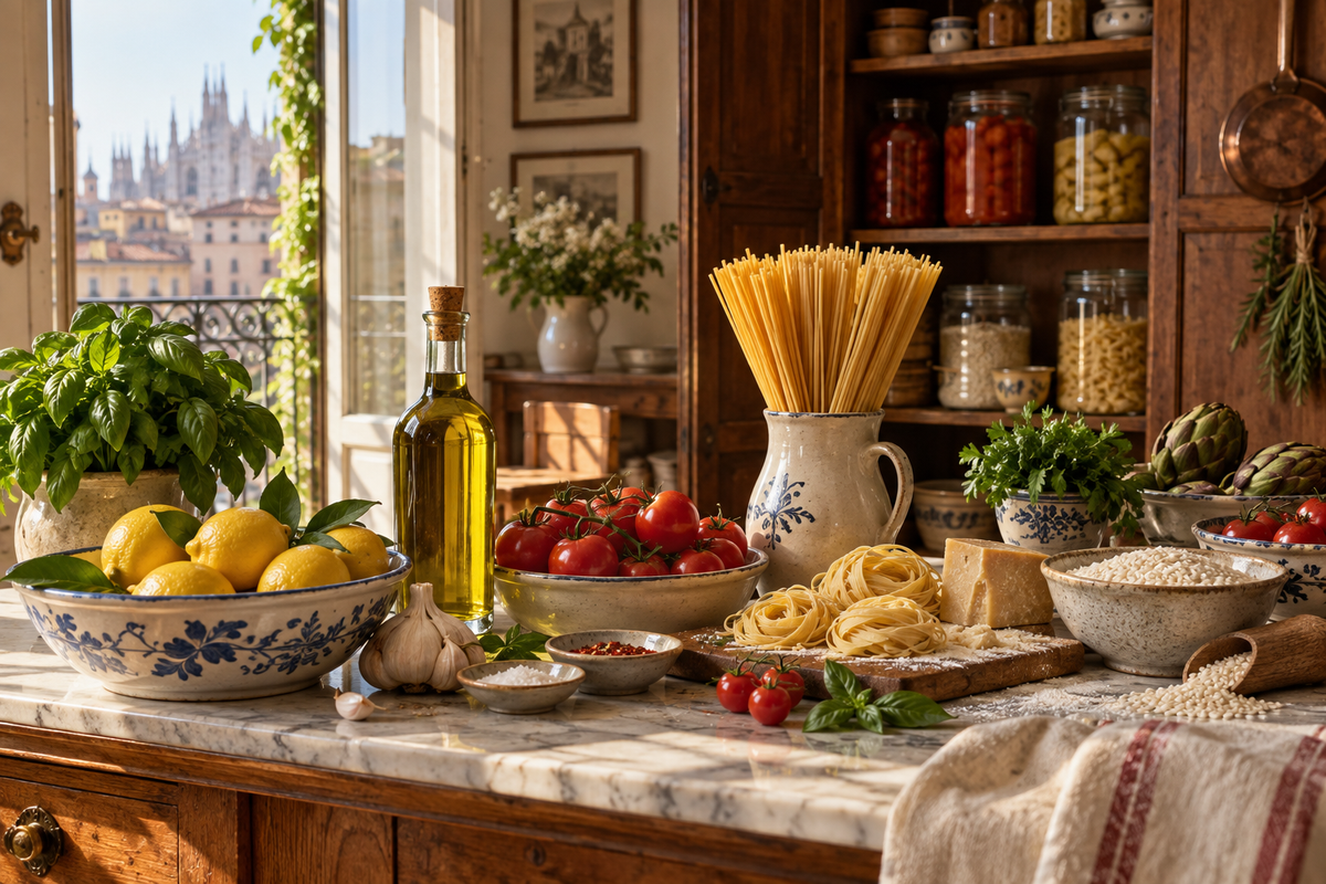 Authentic Italian pantry ingredients in a sunlit vintage kitchen