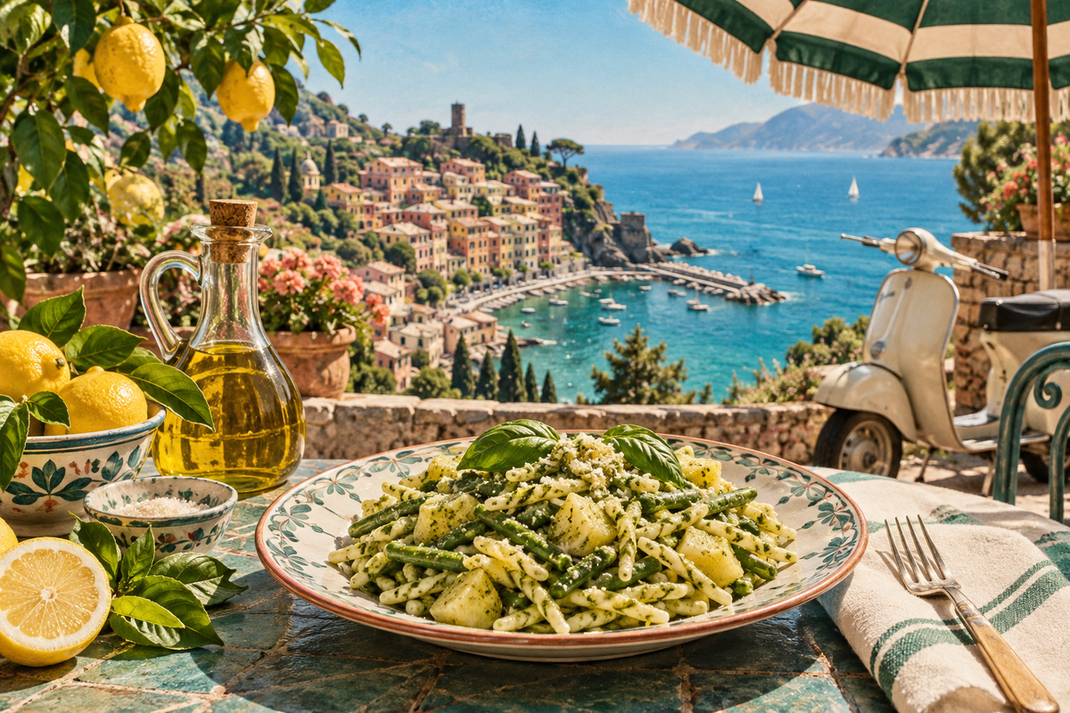 Trofie al pesto on a colourful Ligurian coastal terrace