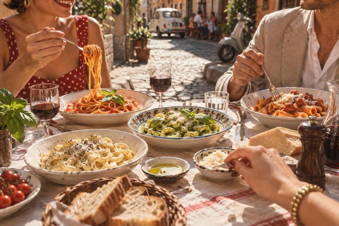 Italian pasta lunch on a sunlit cobbled street
