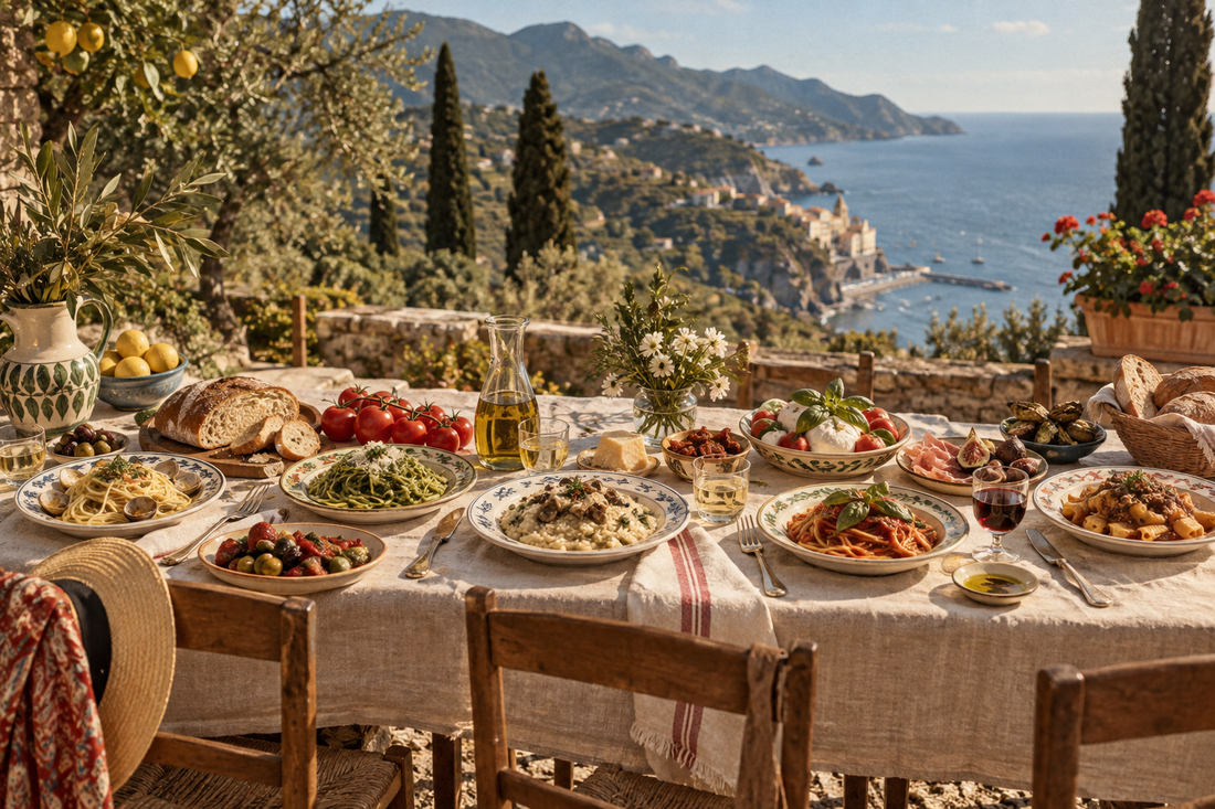 Regional Italian dishes on a Mediterranean coastal terrace